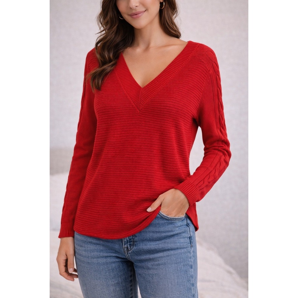 Cabi Red V-Neck Cable Knit Sleeve Ribbed Pullover‎ Sweater Womens Small